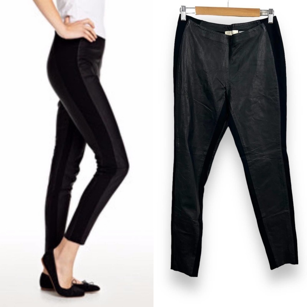 illia Pants Womens Medium Black Leather Ponte Knit Quiet Luxury Skinny Stretch